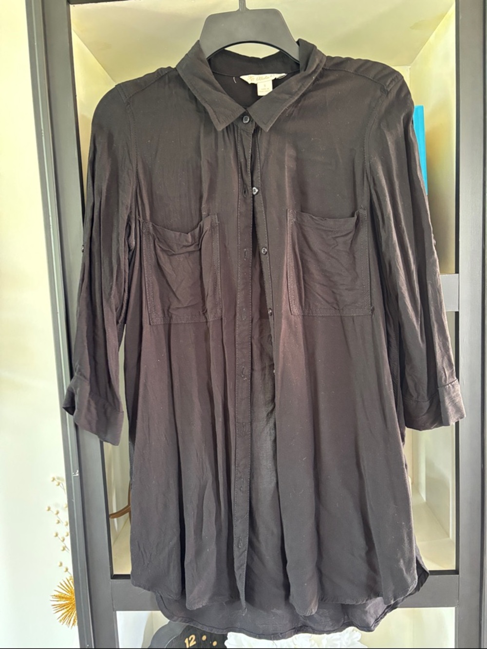 Black Long Button-Front Shirt Dress with Pockets